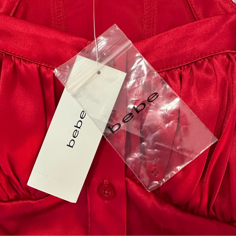 BEBE NWT Satin/Silk Red Ruffle Tank Top! Gorgeous Summer Vibe! Size S button up - Picture 4 of 11